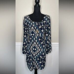 Elegant Long Sleeve Geometric Dress in Blue and Black